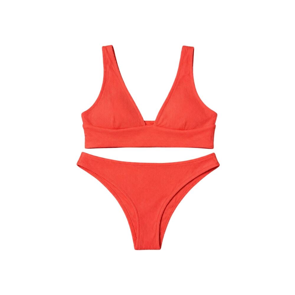 We Are We Wear Coral Ribbed Bikini Set Top L Bottom M High Cut